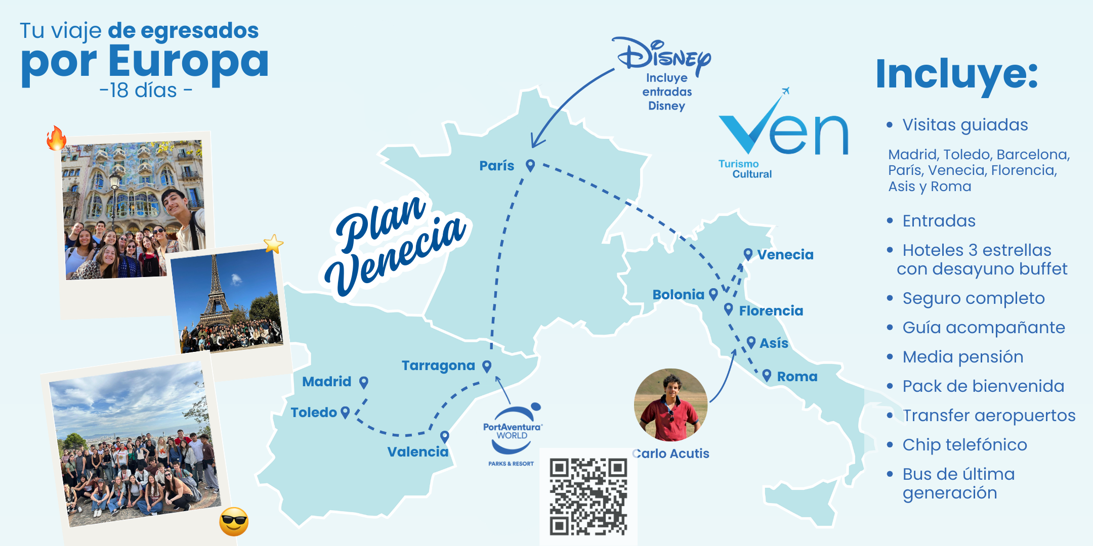 Mapa del viaje de egresados por Europa · 18 días · Plan Venecia